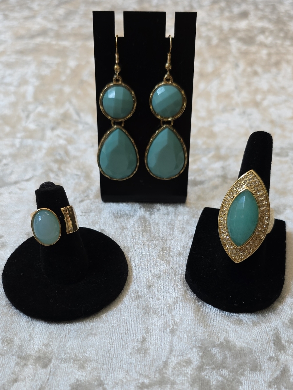 Gold-Tone Boho-chic Statement Turquoise Drop Earrings w Matching Rings